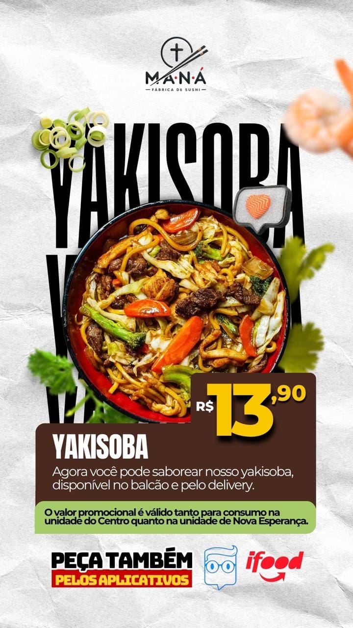 Yakisoba por R$ 13,90, disponível no balcão e pelo delivery.